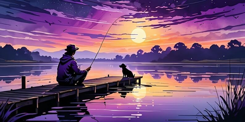 Fishing Sunset Wall Art Print-Relaxing Lake Scene with Silhouette of Fisherman & Dog-Durable Framed - Violet DTF Transfers