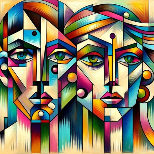 Abstract Faces Wall Art - Colorful Cubism Couple Portrait - Contemporary Art Print for Living Room, Bedroom, Office - Violet DTF Transfers