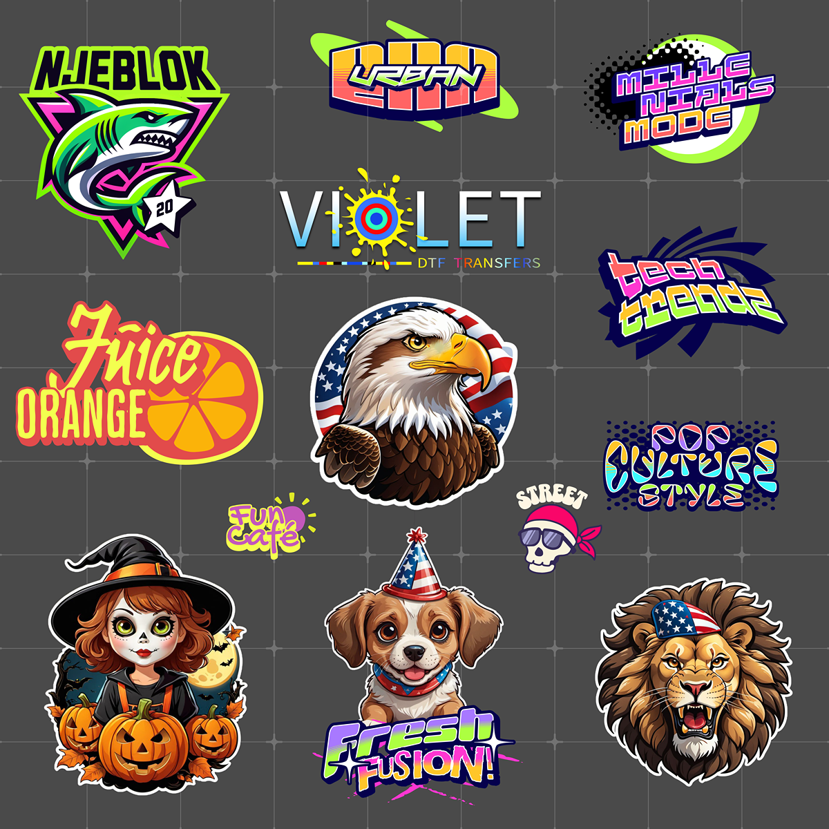 UV 3D DTF Stickers by Size - Violet DTF Transfers