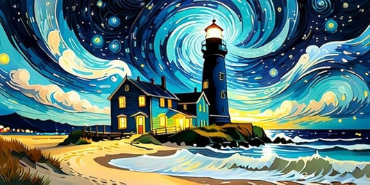 Starry Night Lighthouse Wall Art – Nautical Home Decor for Living Room, Bedroom & Office-Lighthouse Painting Artwork - Violet DTF Transfers