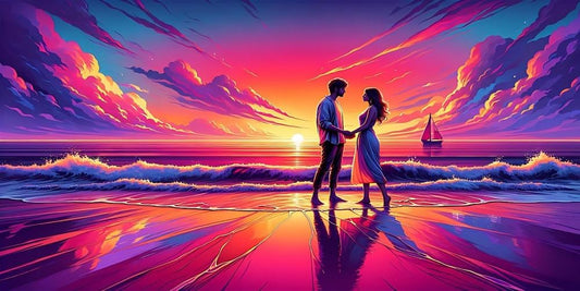 Violet,Romantic Sunset Beach Poster, Couple Holding Hands Ocean Wall Art - Violet DTF Transfers