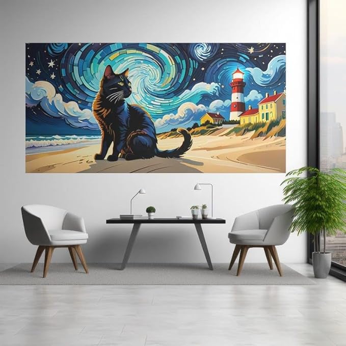Starry Night Cat Wall Art – Lighthouse Beach Rectangle Print with Frame – Vibrant Black Cat Poster – Gift for Art & Kitty Lovers - Violet DTF Transfers