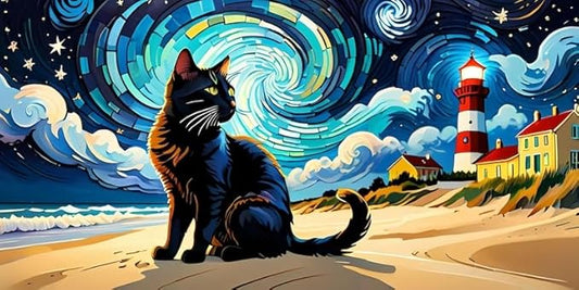 Starry Night Cat Wall Art – Lighthouse Beach Rectangle Print with Frame – Vibrant Black Cat Poster – Gift for Art & Kitty Lovers - Violet DTF Transfers
