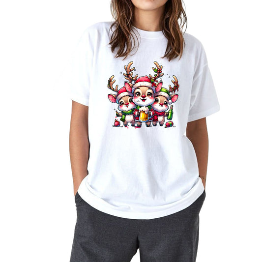 Cute Christmas Reindeer Design – Holiday Reindeer Trio with Santa Hats & Beer
