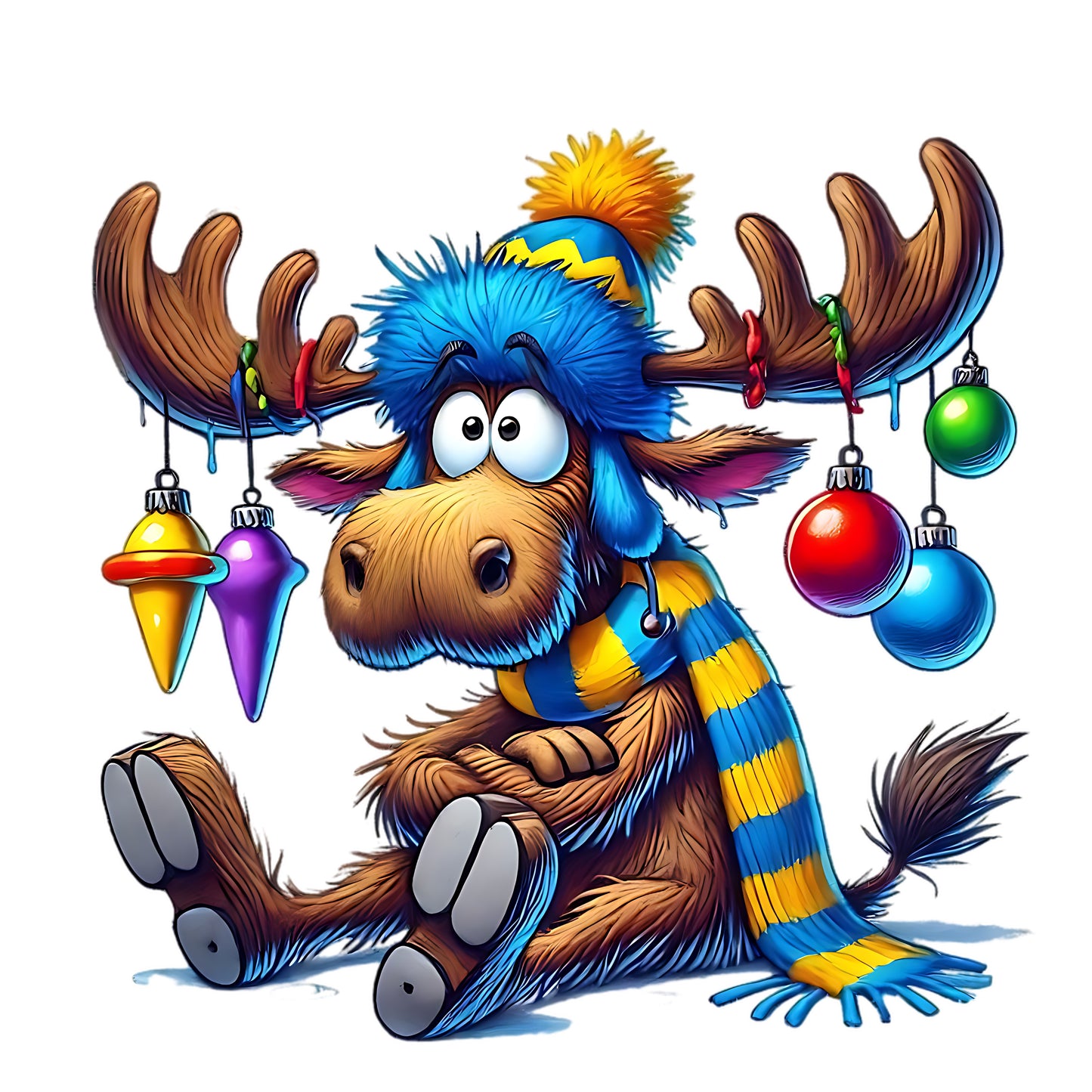 Funny Christmas Moose with Ornaments – Holiday Cartoon Design 🦌✨🎁