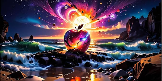 VIOLET Surreal Cosmic Apple Poster with Frame – Colorful Trippy Room Aesthetic – Modern Artwork for Home, Office & Gaming Setup - Violet DTF Transfers