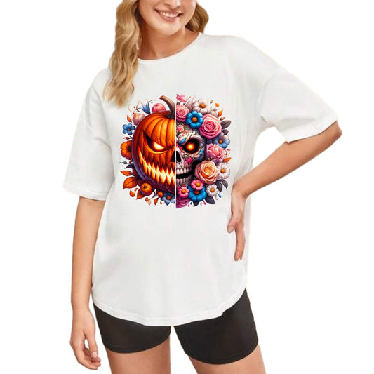 Pumpkin Skull Fusion Design – Half Jack-O’-Lantern, Half Sugar Skull with Flowers