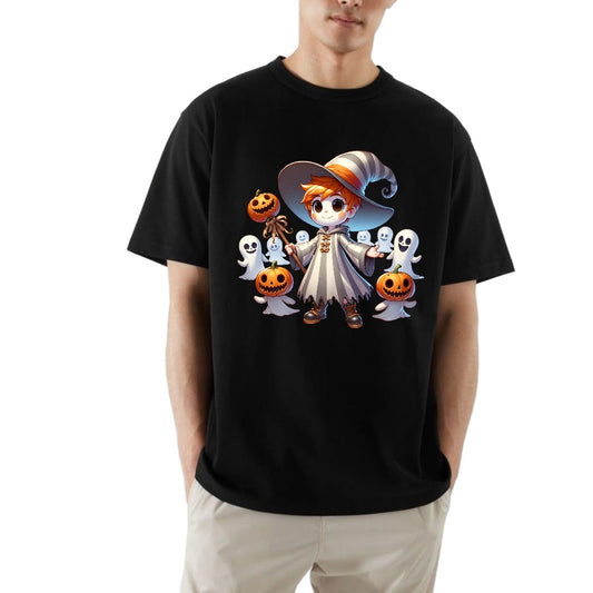 Cute Halloween Wizard Design – Chibi Witch Boy with Ghosts & Pumpkins