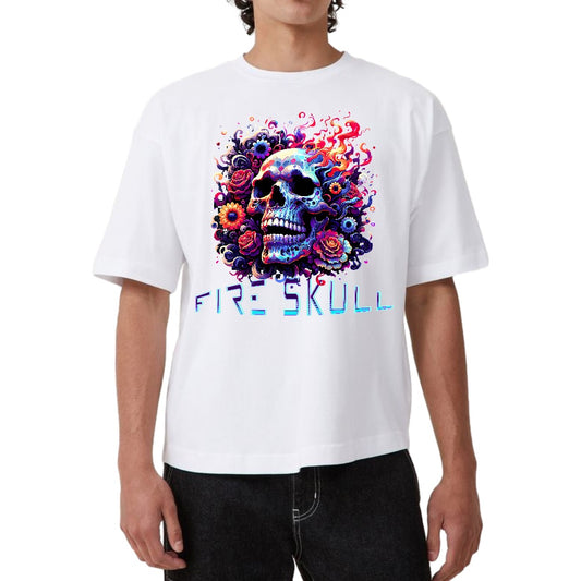 Fire Skull Floral Design – Vibrant Flaming Skull with Roses & Abstract Art