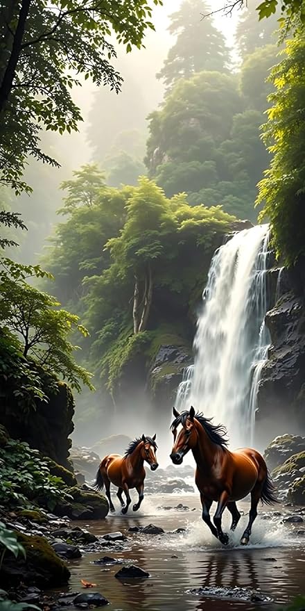 Horses in Forest Waterfall Wall Art, Brown Horse Nature Print, Misty Jungle Animal Landscape, Rustic Wildlife Decor for Living Room, Bedroom, Cabin, Office - Violet DTF Transfers