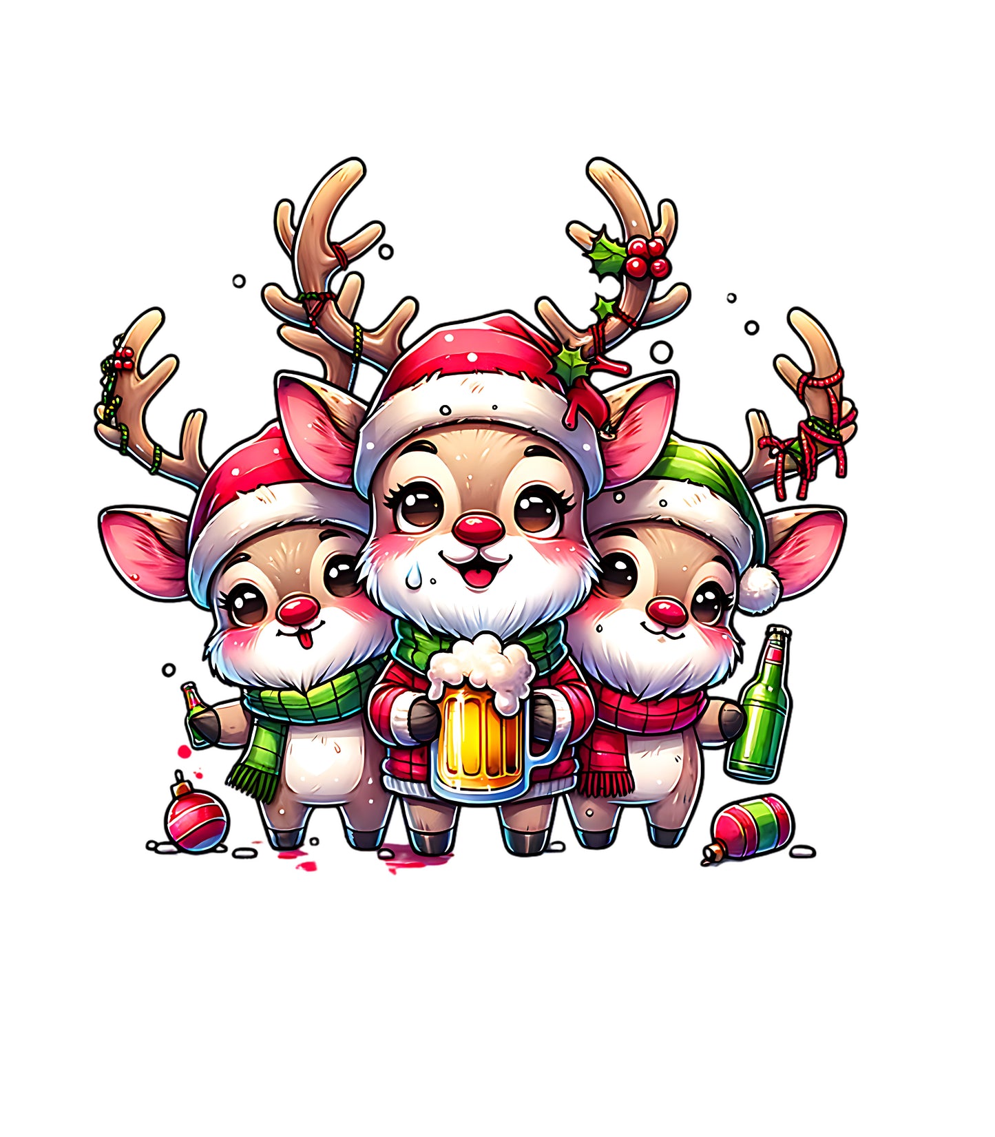 Cute Christmas Reindeer Design – Holiday Reindeer Trio with Santa Hats & Beer
