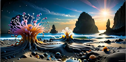 Surreal Fantasy Beach Poster with Frame - Futuristic Sunset Artwork for Living Room, Bedroom, Office & Home Décor - Violet DTF Transfers