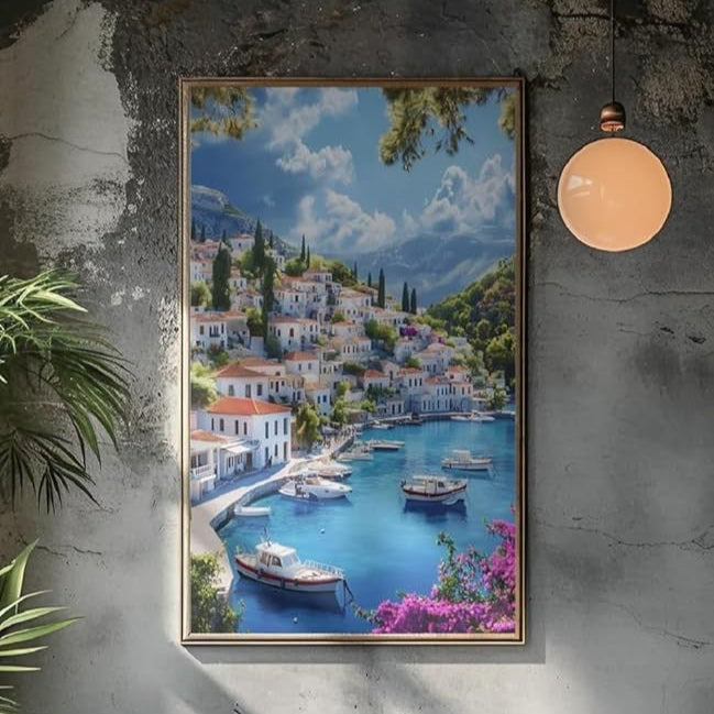 Mediterranean Coastal Village Wall Art – Greek Island Harbor Poster,White Houses, Boats & Blue Sea – Living Room, Bedroom Décor - Violet DTF Transfers