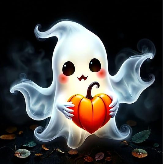 Violet Cute Ghost Poster with Frame - Adorable Ghost Holding Pumpkin, Aesthetic Fantasy Artwork - Violet DTF Transfers