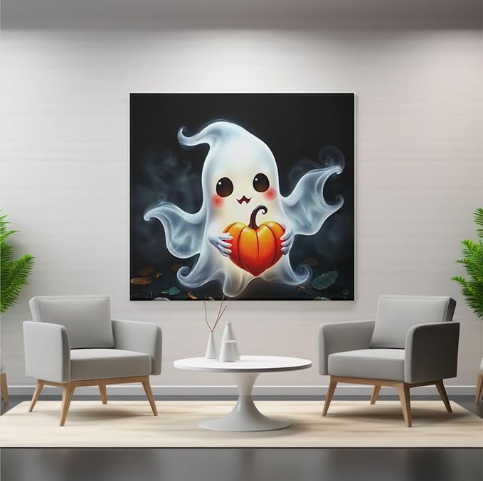 Violet Cute Ghost Poster with Frame - Adorable Ghost Holding Pumpkin, Aesthetic Fantasy Artwork - Violet DTF Transfers