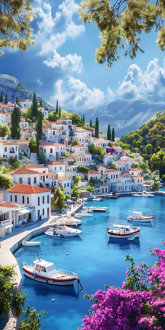 Mediterranean Coastal Village Wall Art – Greek Island Harbor Poster,White Houses, Boats & Blue Sea – Living Room, Bedroom Décor - Violet DTF Transfers