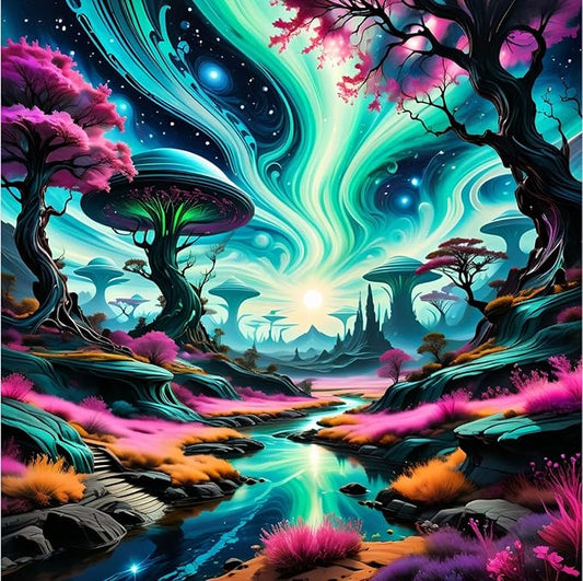 Ethereal Cosmic Landscape Poster with Frame – Glowing Trees & Alien Planet Aesthetic - Violet DTF Transfers