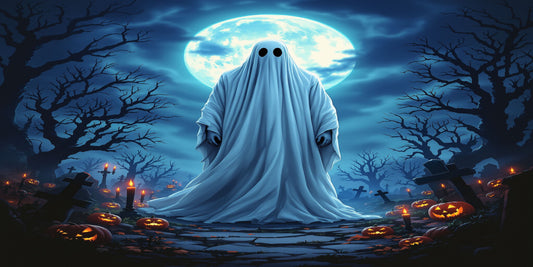 Haunted Ghost Poster – Spooky Halloween Wall Art with Pumpkins, Full Moon & Graveyard Scene