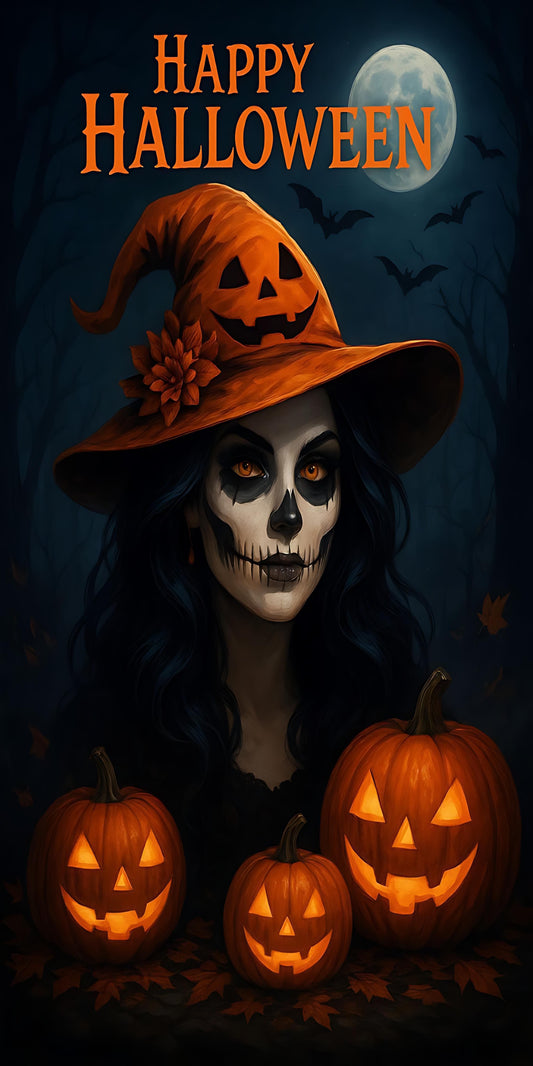 Halloween Witch Poster – Spooky Wall Art with Pumpkin Hat, Skull Makeup & Jack-o’-Lanterns