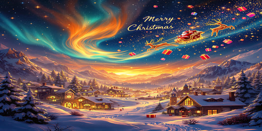 Merry Christmas Poster – Santa Sleigh, Reindeer & Winter Wonderland Holiday Wall Art