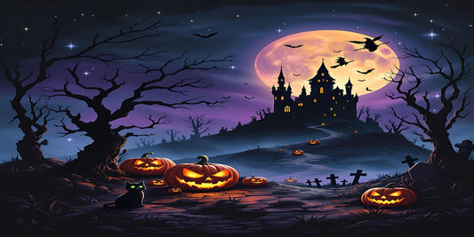 Haunted Castle Halloween Poster – Spooky Wall Art with Pumpkins, Black Cat, and Full Moon