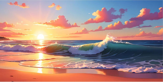 Sunset Ocean Waves Poster with Frame - Rectangle Beach Wall Art for Living Room - Violet DTF Transfers