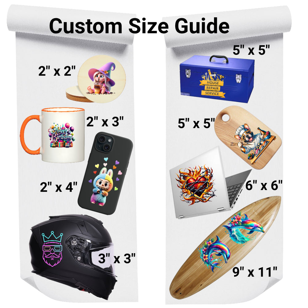 UV 3D DTF Stickers by Size