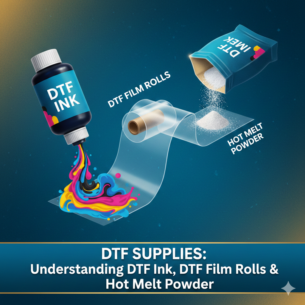 DTF Supplies: Understanding DTF Ink, DTF Film Rolls & Hot Melt Powder