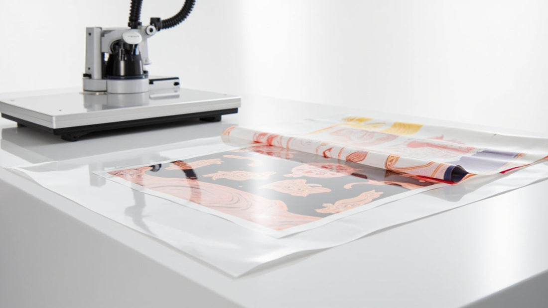 dtf transfer sheet and heat press on bright clean workspace, vibrant colors