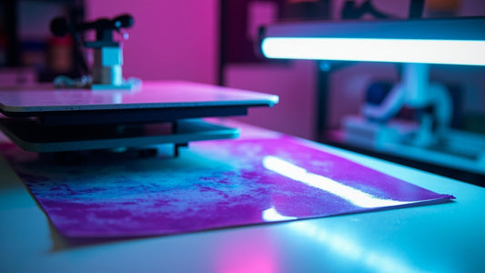 vibrant dtf transfer sheet and heat press on clean studio workbench