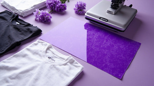 dtf transfer sheets with heat press and blank shirts in bright studio