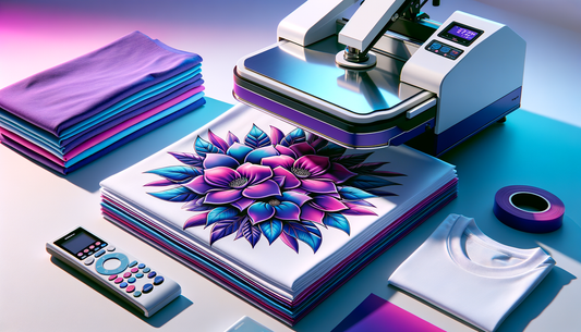 vibrant dtf transfer sheets with heat press and blank shirts in studio