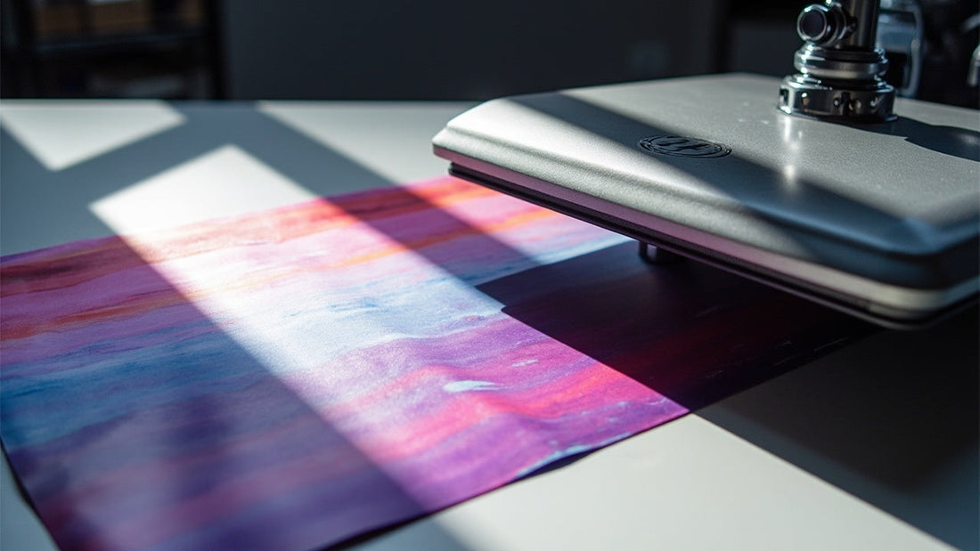 dtf transfer sheet and heat press on clean workspace with vibrant colors