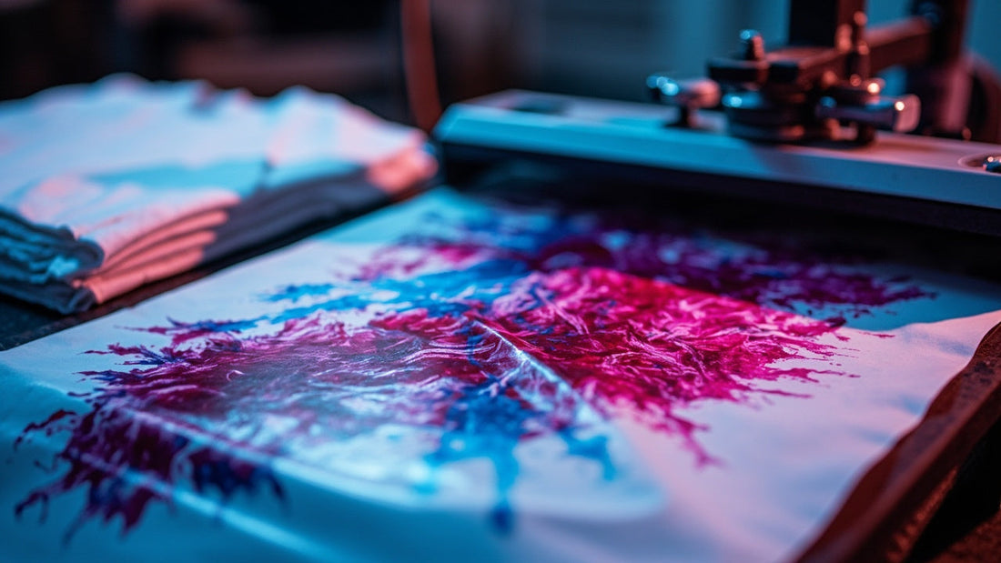 vibrant dtf transfer sheets beside heat press and blank shirts in studio