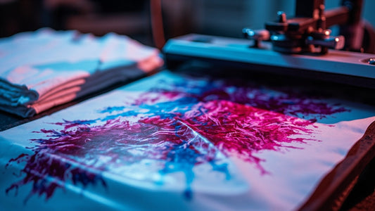 vibrant dtf transfer sheets beside heat press and blank shirts in studio