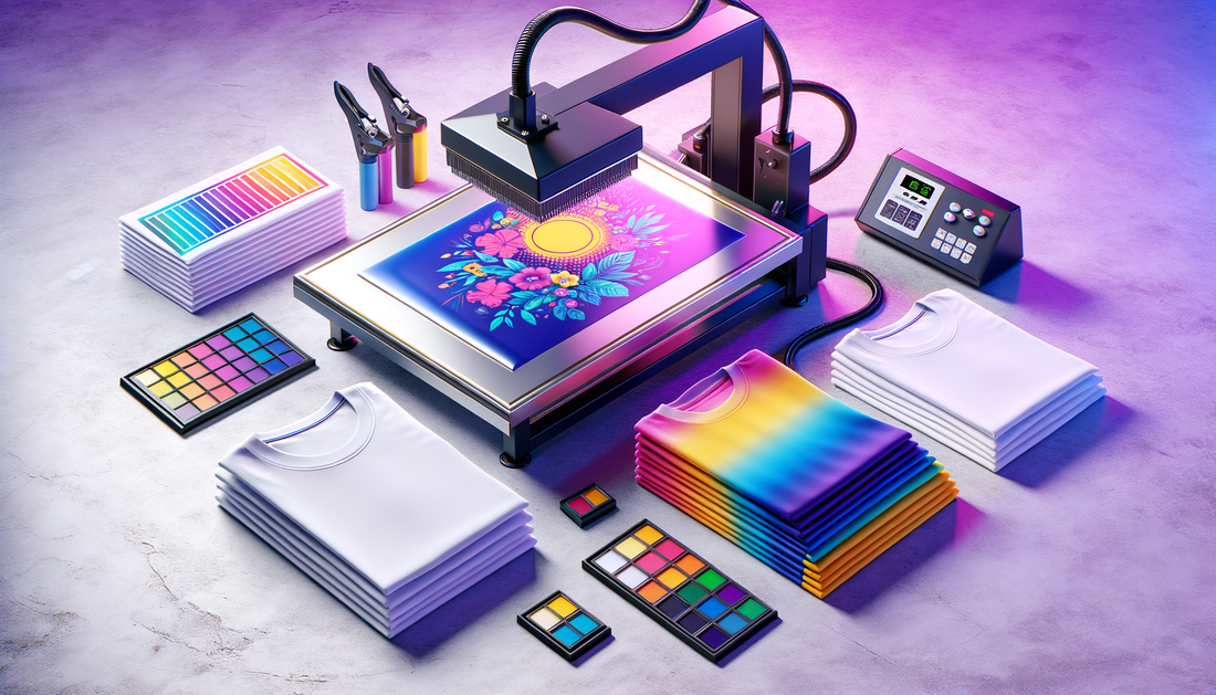 vibrant dtf transfer sheets next to heat press on clean studio table