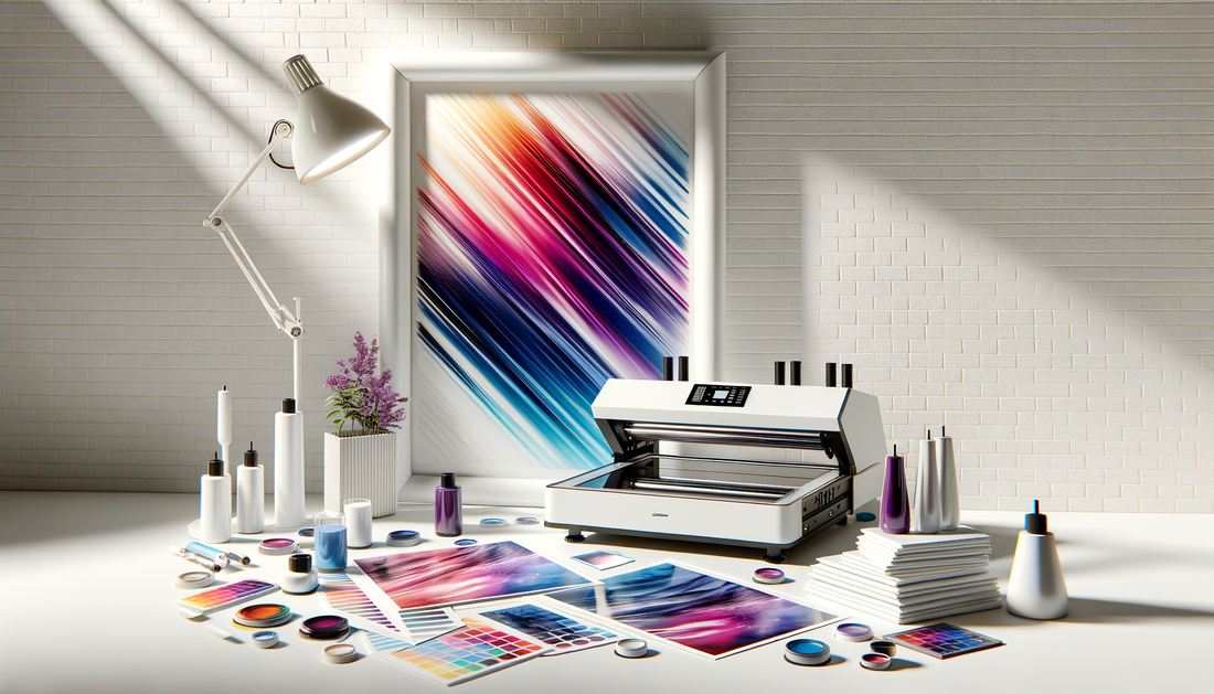 vibrant dtf transfer sheets and heat press on clean bright workspace