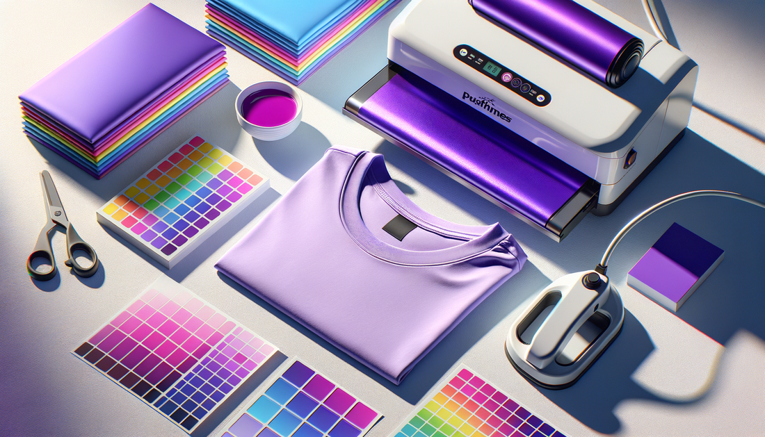 dtf transfer sheets beside heat press and blank shirts in bright studio