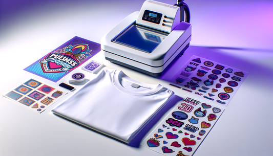 vibrant dtf transfer sheets and stickers beside heat press on white