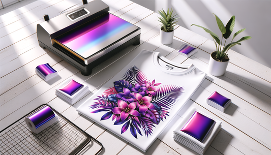 vibrant dtf transfer sheets with heat press and blank shirts on table