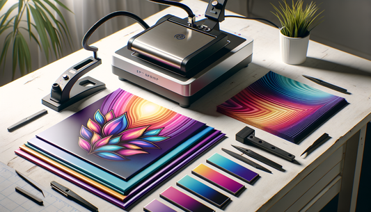 vibrant dtf transfer sheets beside a heat press on clean workbench
