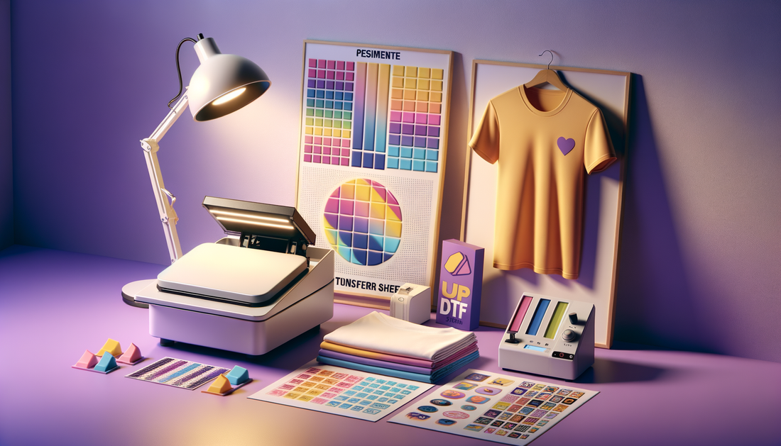 vibrant dtf transfer sheets and uv stickers beside heat press on table