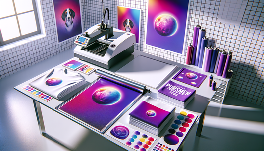 vibrant dtf transfer sheets beside heat press and blank shirts on white