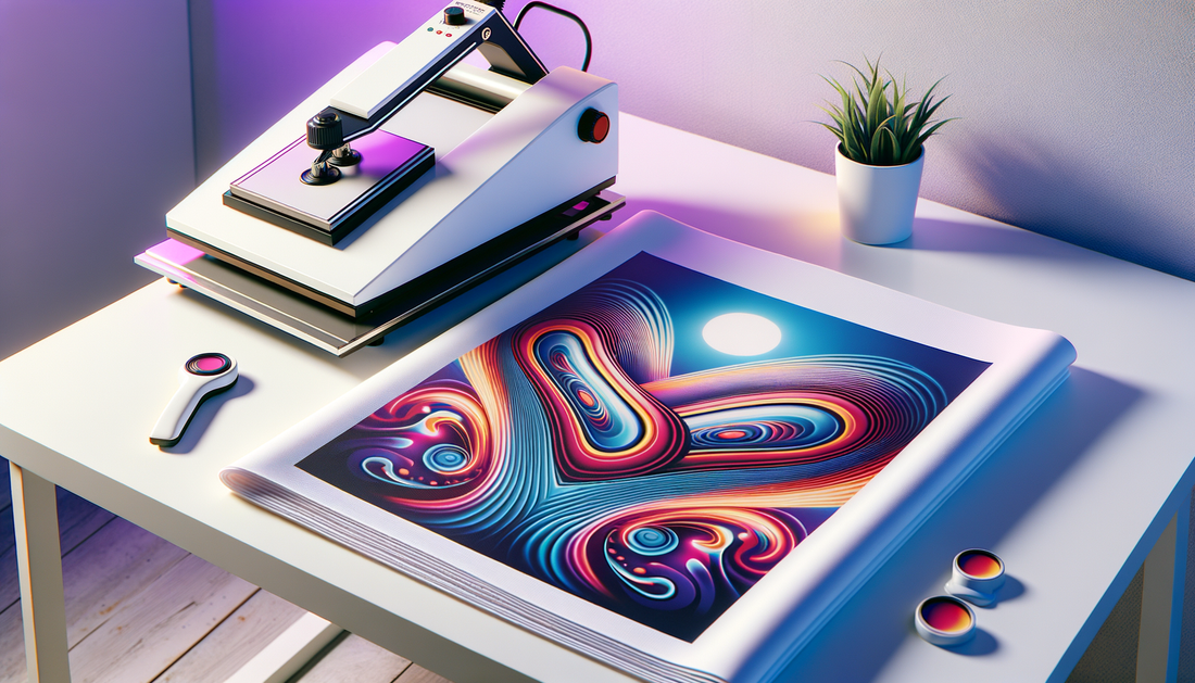 dtf transfer sheet and heat press on clean table with vibrant colors