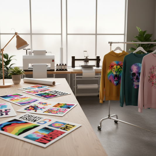 a brightly lit studio workspace with colorful dtf transfers and apparel samples