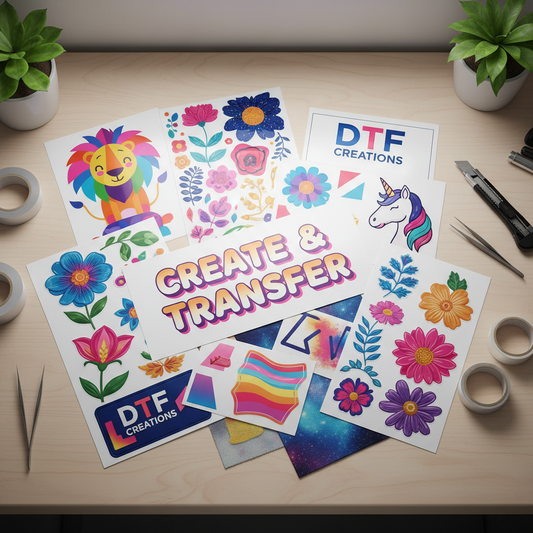 vibrant dtf transfers and uv stickers neatly arranged on a clean workbench