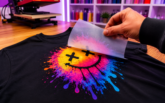 colorful dtf transfers stacked neatly on a clean, light studio surface