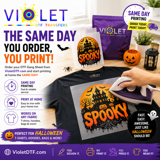 a vibrant flat lay of dtf transfers and uv dtf stickers on a light surface