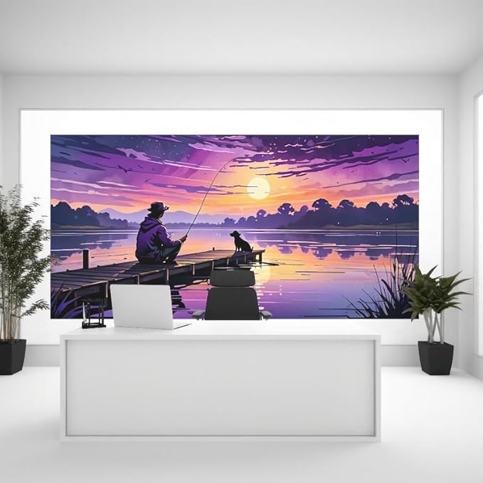 Fishing Sunset Wall Art Print-Relaxing Lake Scene with Silhouette of Fisherman & Dog-Durable Framed - Violet DTF Transfers