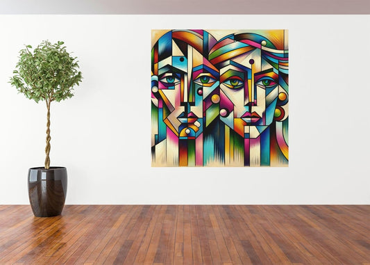 Abstract Faces Wall Art - Colorful Cubism Couple Portrait - Contemporary Art Print for Living Room, Bedroom, Office - Violet DTF Transfers